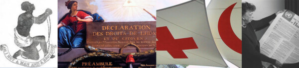 The banner of the GHRA 2017. From left to right: the iconic image of the abolitionist movement, first adopted as the seal of the Society for the Abolition of Slavery in England in the 1780s; the French Déclaration des droits de l'homme et du citoyen from 1789; the symbols of the Red Cross and Red Crescent movement at the entrance of the International Red Cross and Red Crescent Museum; and Eleanor Roosevelt with the Universal Declaration of Human Rights in 1949
