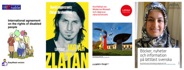 From left to right: UN Convention on the Rights of Persons with Disabilities; David Lagercrantz/Zlatan Ibrahimović: Jag är Zlatan; museum guide of Moderna Museet; Swedish Agency for Accessible Media