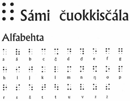 The Sámi braille alphabet developed in the 1980s. It is based on Norwegian (Scandinavian) braille with added letters used in the Northern Sámi dialect. Image by Tambartun blindeskole.
