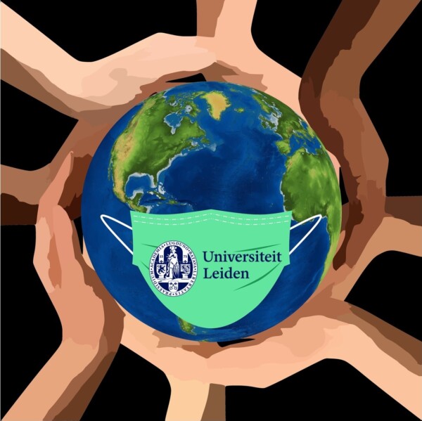 An illustration of the Earth globe being held by hands in various skin tones. The globe is wearing a bright green facemask with the Leiden University logo on it.